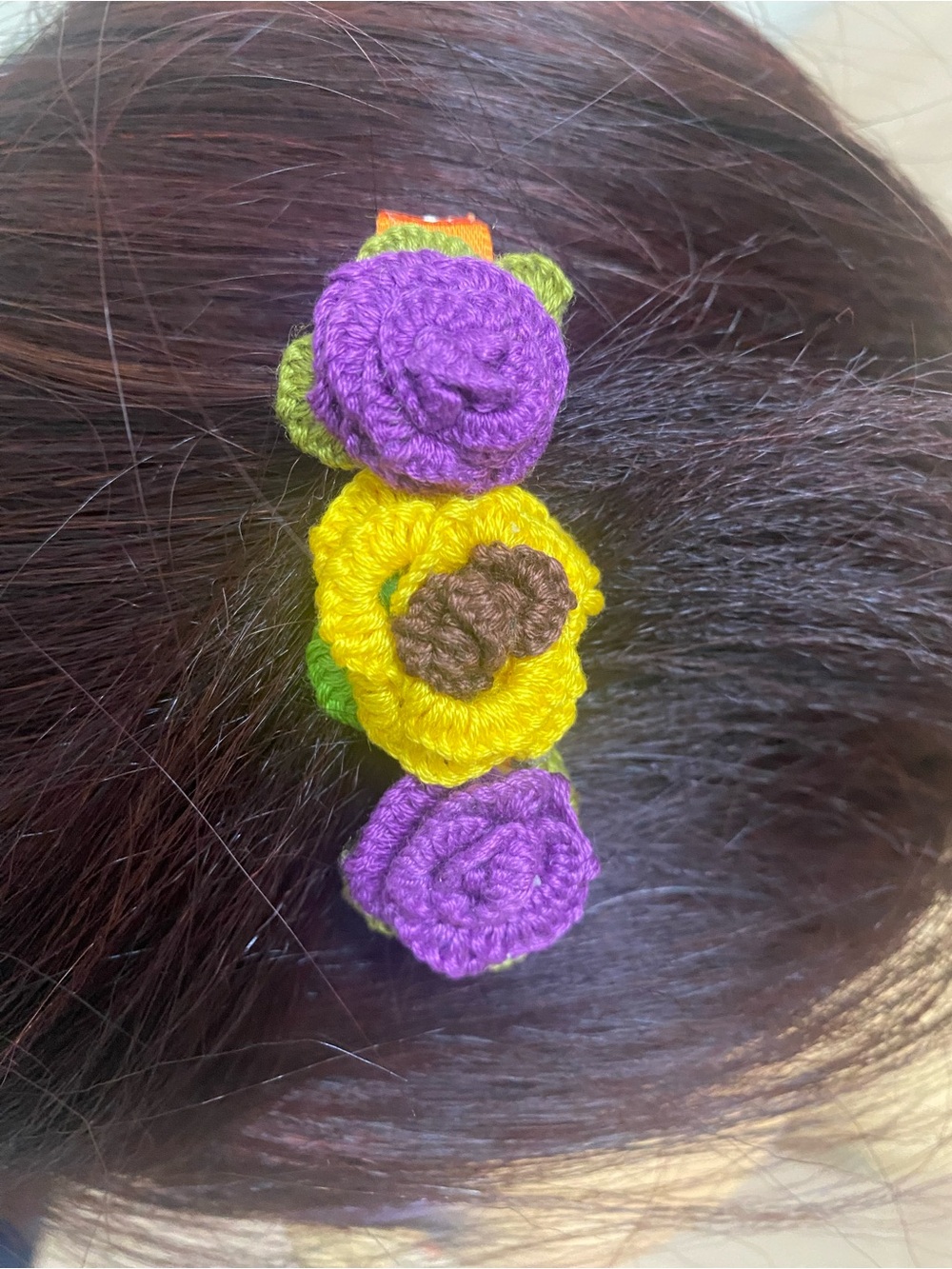 Handmade Crochet Flower Hair Clip - Purple & Yellow